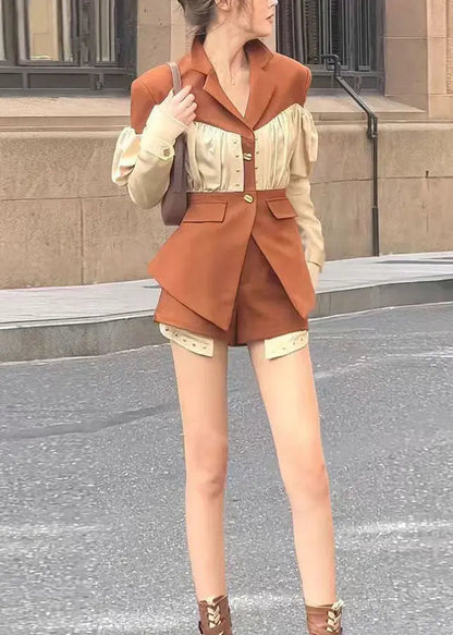 French Coffee Wrinkled Patchwork Coat And Shorts Two Pieces Spring HA1013 Ada Fashion