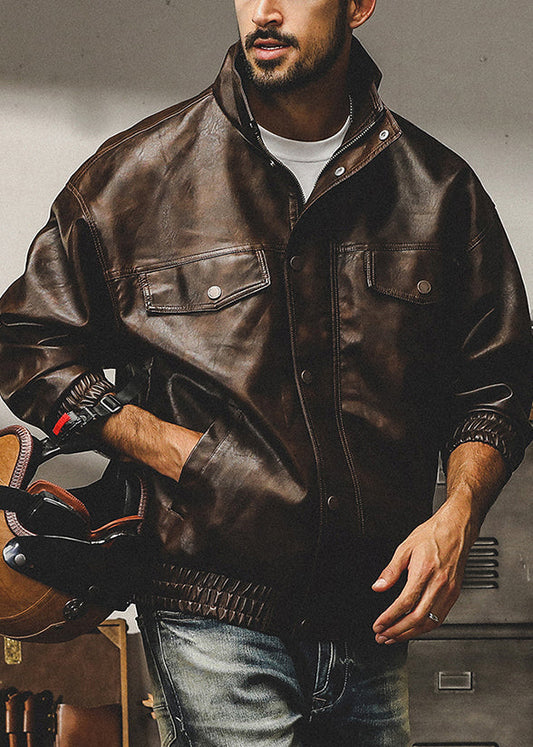 French Coffee Zip Up Oversized Faux Leather Mens Coats Spring RN025 ABC