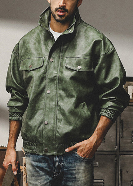 French Coffee Zip Up Oversized Faux Leather Mens Coats Spring RN025 ABC