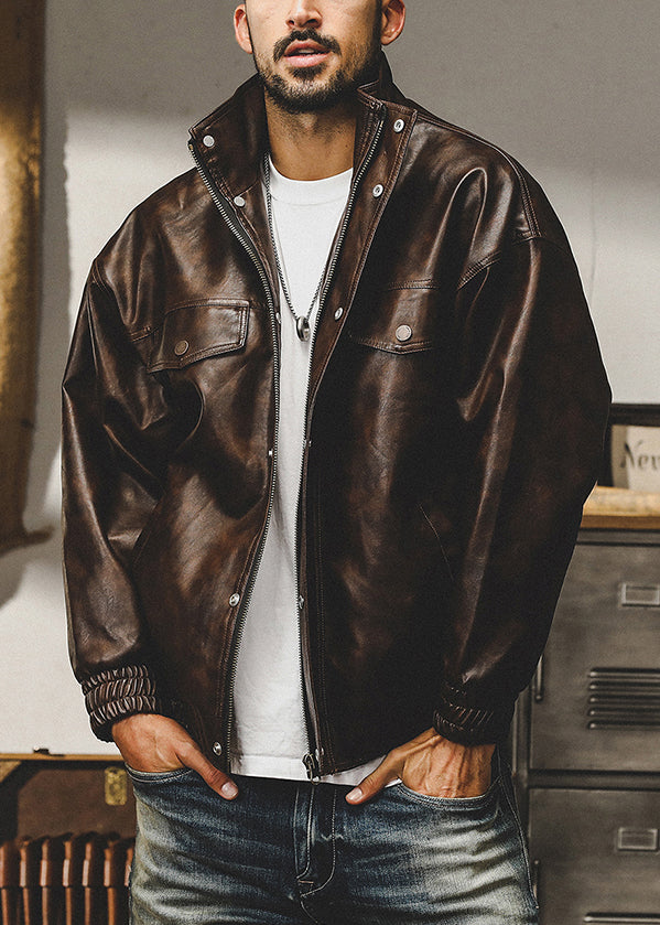 French Coffee Zip Up Oversized Faux Leather Mens Coats Spring RN025 ABC