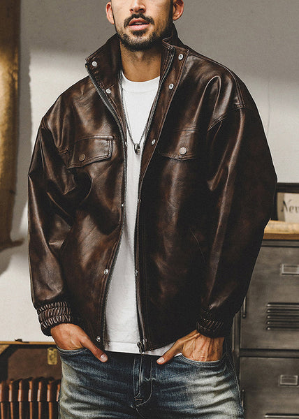 French Coffee Zip Up Oversized Faux Leather Mens Coats Spring RN025 ABC