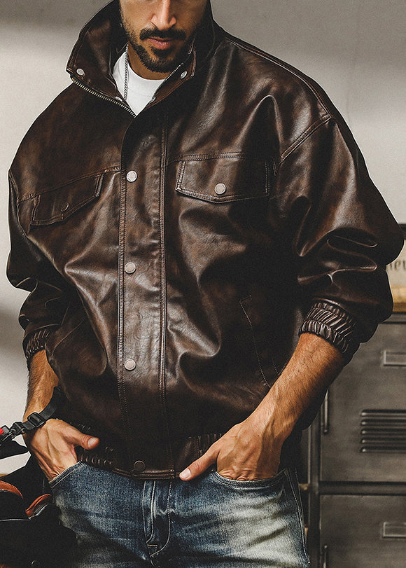 French Coffee Zip Up Oversized Faux Leather Mens Coats Spring RN025 ABC