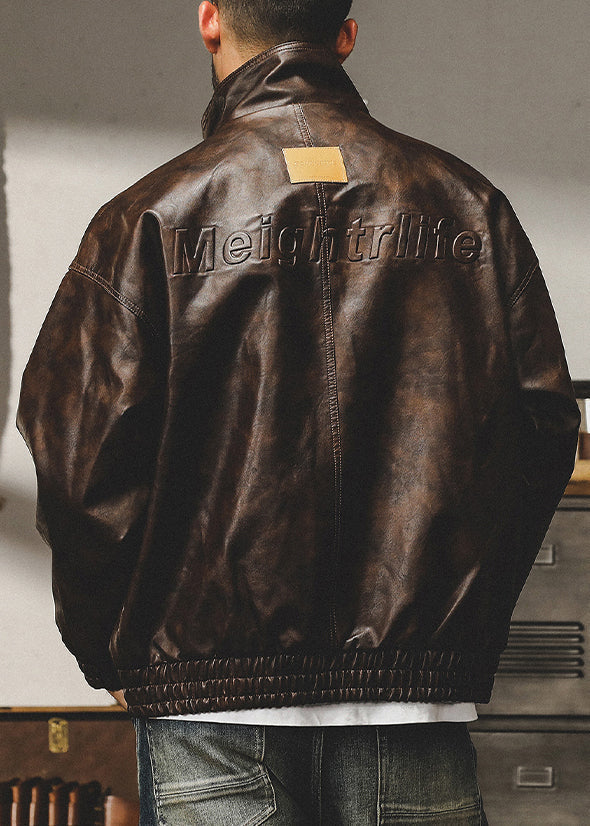 French Coffee Zip Up Oversized Faux Leather Mens Coats Spring RN025 ABC