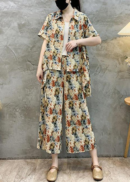 French Colorblock Button Print Pockets Cotton Two Pieces Set Short Sleeve AU1058 MZF-240903