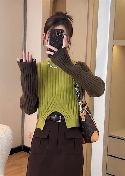 French Colorblock O Neck Asymmetrical Knit Sweaters Fall WE022 HS-NTP241028