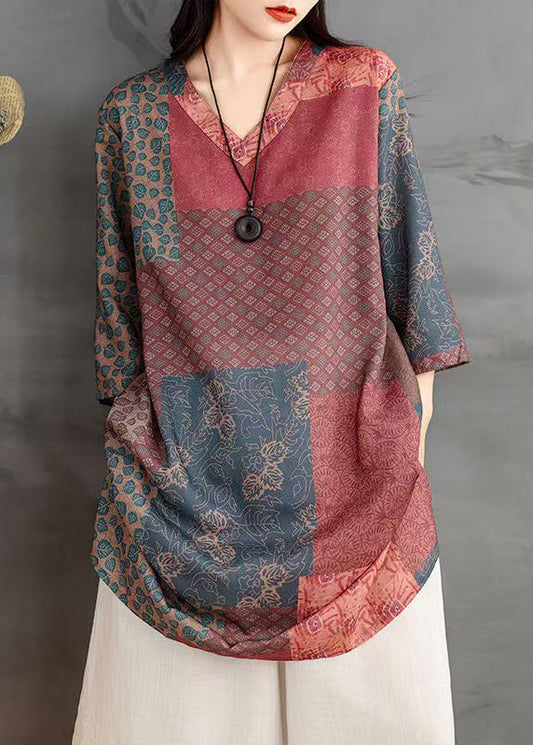 Shirts Neck V Bracelet Print French Colorblock Linen Sleeve FashionChic
