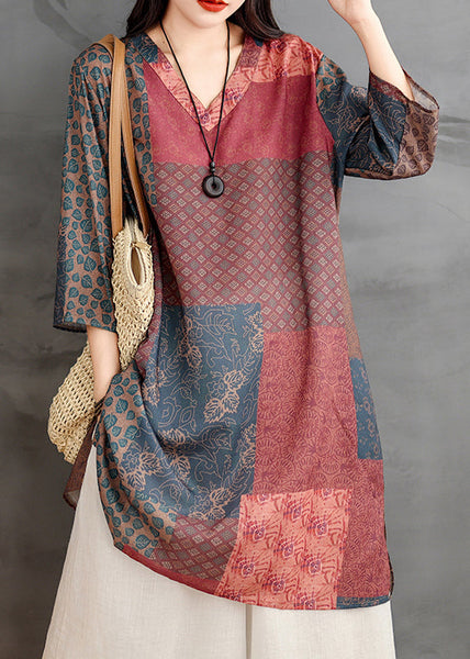 Shirts Neck V Bracelet Print French Colorblock Linen Sleeve FashionChic