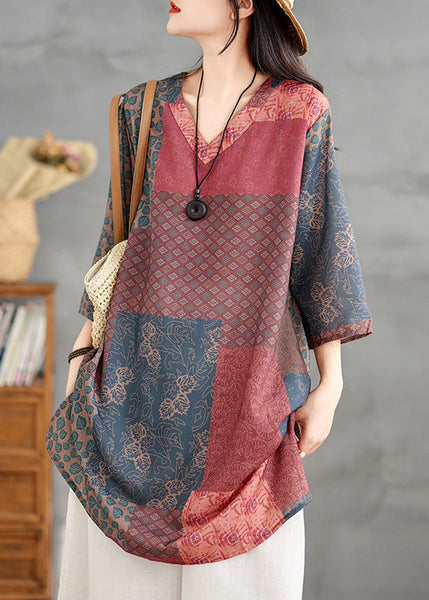 Shirts Neck V Bracelet Print French Colorblock Linen Sleeve FashionChic