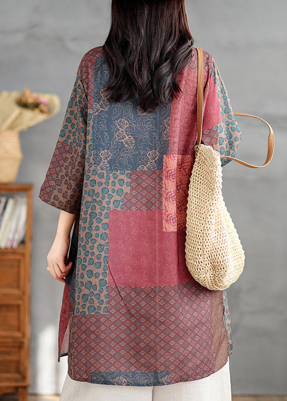 Shirts Neck V Bracelet Print French Colorblock Linen Sleeve FashionChic