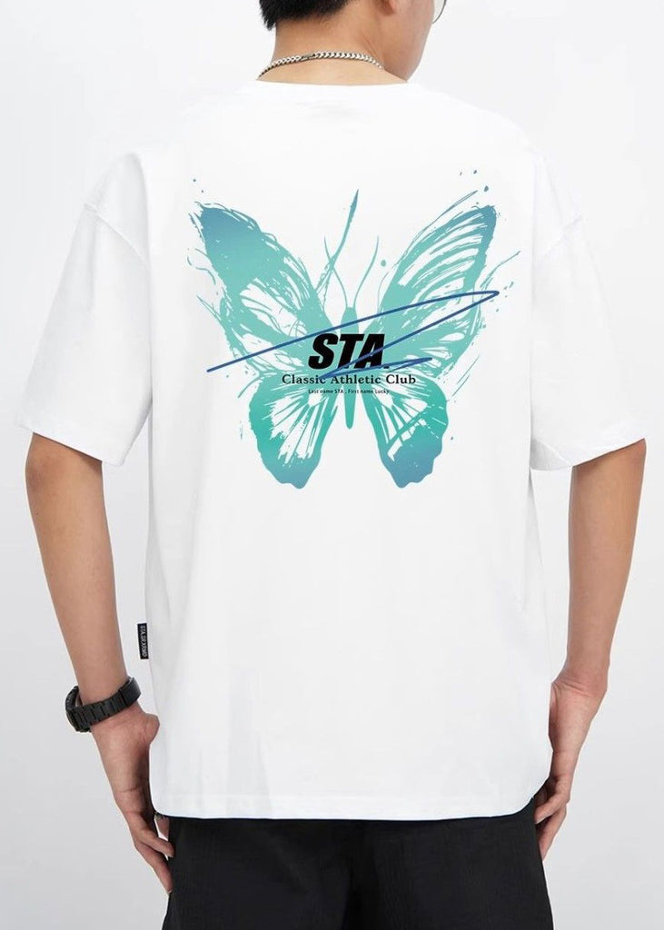 French Cyan Butterfly Print Cotton Mens T Shirts Summer LK057 Men-Silk-MENT240630