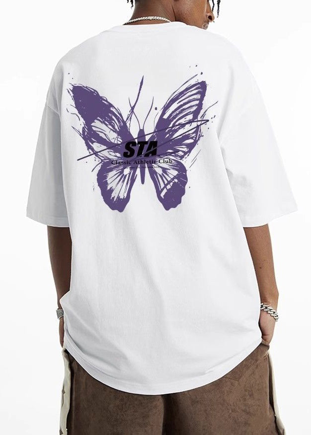 French Cyan Butterfly Print Cotton Mens T Shirts Summer LK057 Men-Silk-MENT240630