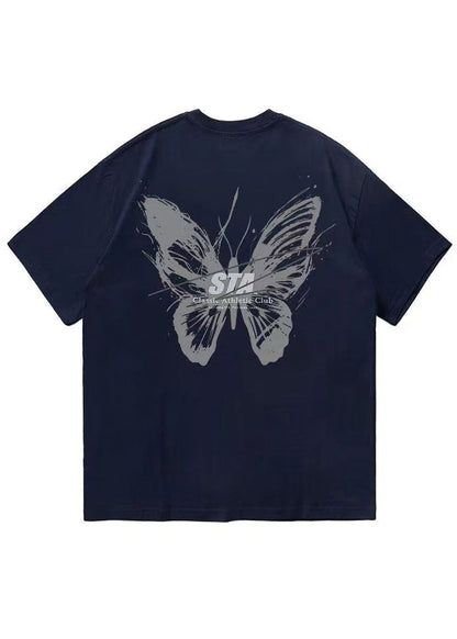 French Cyan Butterfly Print Cotton Mens T Shirts Summer LK057 Men-Silk-MENT240630