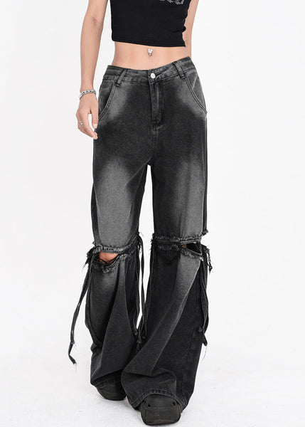 French Dark Gray Pockets Hole Patchwork Pants Summer AW1012 OM-NZ240827