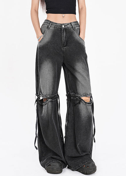 French Dark Gray Pockets Hole Patchwork Pants Summer AW1012 OM-NZ240827