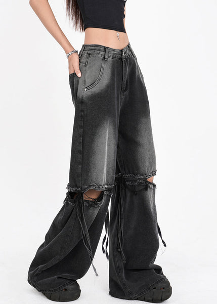 French Dark Gray Pockets Hole Patchwork Pants Summer AW1012 OM-NZ240827