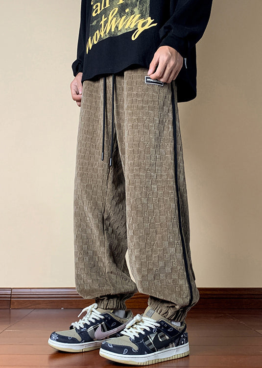 French Dark Khaki Plaid Elastic Waist Cotton Mens Pants Fall WA052 MENP241110