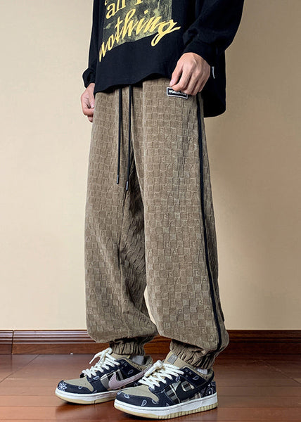 French Dark Khaki Plaid Elastic Waist Cotton Mens Pants Fall WA052 MENP241110