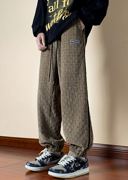 French Dark Khaki Plaid Elastic Waist Cotton Mens Pants Fall WA052 MENP241110