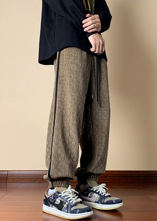 French Dark Khaki Plaid Elastic Waist Cotton Mens Pants Fall WA052 MENP241110
