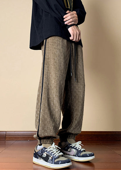 French Dark Khaki Plaid Elastic Waist Cotton Mens Pants Fall WA052 MENP241110