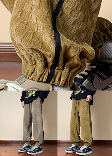 French Dark Khaki Plaid Elastic Waist Cotton Mens Pants Fall WA052 MENP241110