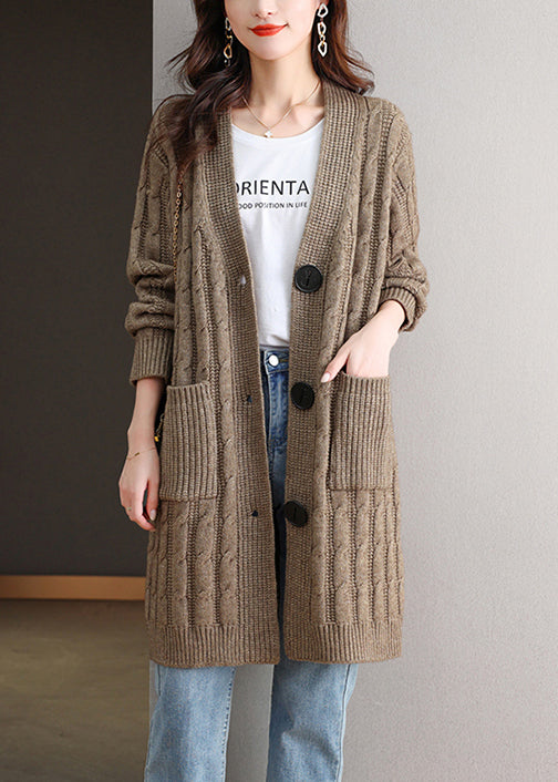 French Dark Khaki V Neck Button Wool Knit Cardigan Fall QS013 OM-BB241010