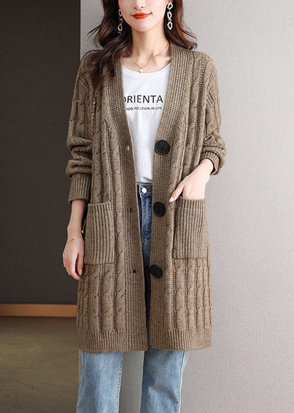 French Dark Khaki V Neck Button Wool Knit Cardigan Fall QS013 OM-BB241010