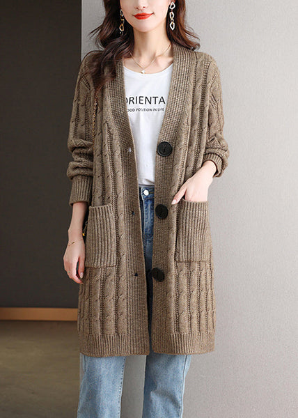 French Dark Khaki V Neck Button Wool Knit Cardigan Fall QS013 OM-BB241010