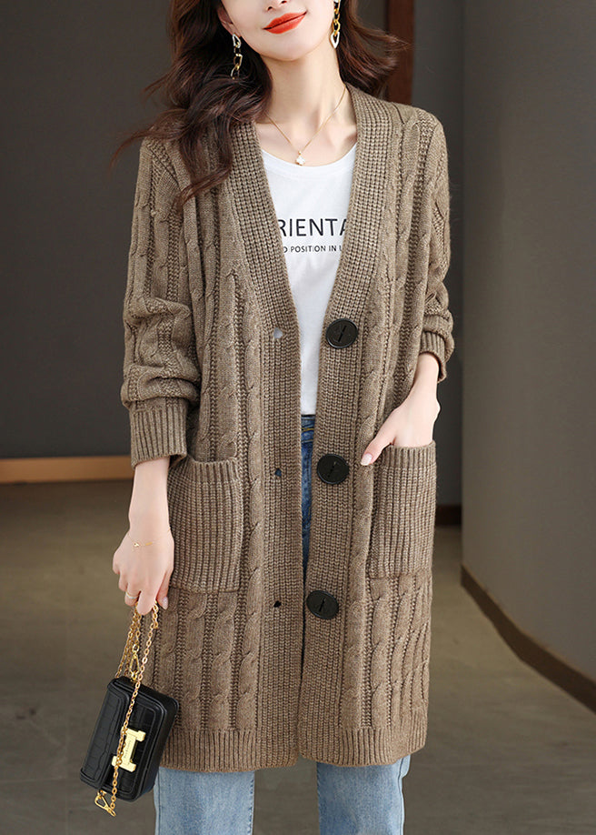 French Dark Khaki V Neck Button Wool Knit Cardigan Fall QS013 OM-BB241010
