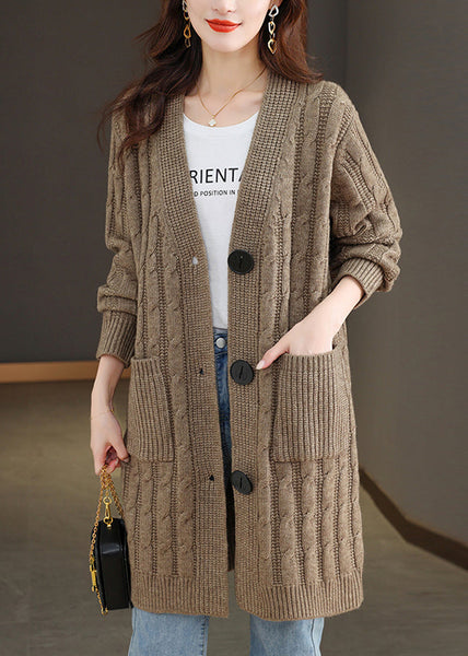 French Dark Khaki V Neck Button Wool Knit Cardigan Fall QS013 OM-BB241010