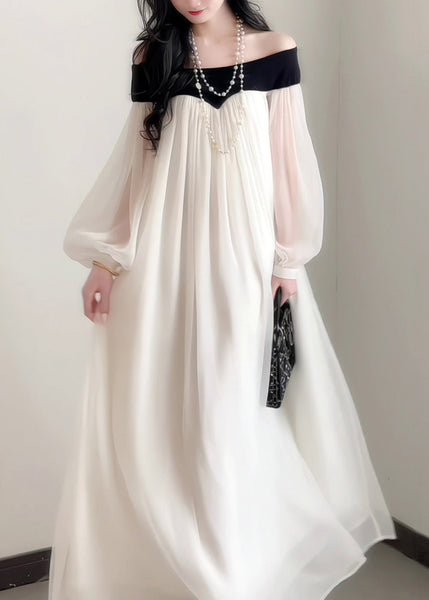 Dress French Neck Slash Sleeves Elegant Lantern Chiffon FashionChic