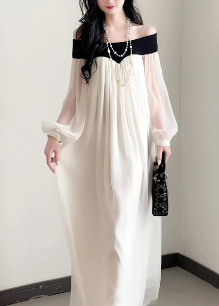 Dress French Neck Slash Sleeves Elegant Lantern Chiffon FashionChic