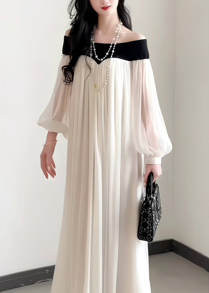 Dress French Neck Slash Sleeves Elegant Lantern Chiffon FashionChic