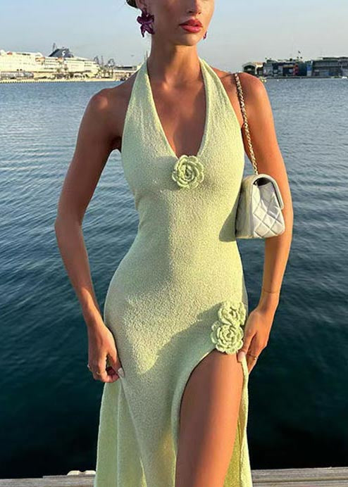 Fruit French Knit Floral Dress Holiday Open Side Decorated Green FashionChic