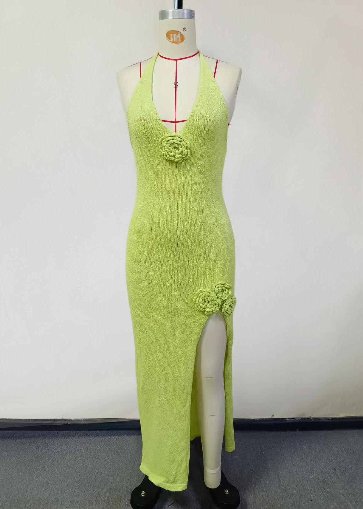 Fruit French Knit Floral Dress Holiday Open Side Decorated Green FashionChic