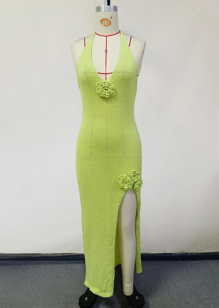 Fruit French Knit Floral Dress Holiday Open Side Decorated Green FashionChic