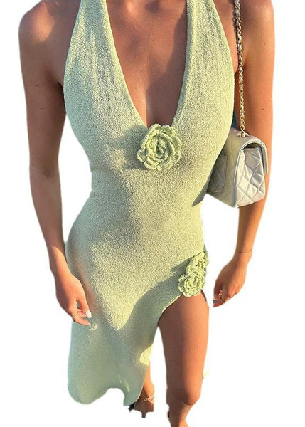 Fruit French Knit Floral Dress Holiday Open Side Decorated Green FashionChic