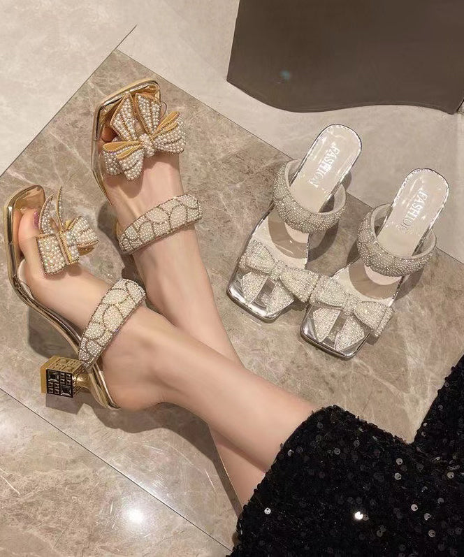 French Gold Bow Zircon Chunky Heel Slide Sandals Peep Toe OI038 shoe-LX240801