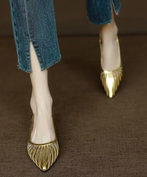 Cowhide Gold Sandals Pointed French Chunky Out Toe Hollow Leather FashionChic