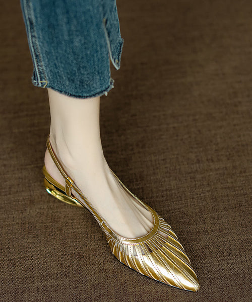 Cowhide Gold Sandals Pointed French Chunky Out Toe Hollow Leather FashionChic