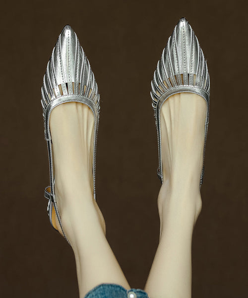 Cowhide Gold Sandals Pointed French Chunky Out Toe Hollow Leather FashionChic