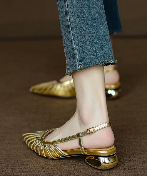 Cowhide Gold Sandals Pointed French Chunky Out Toe Hollow Leather FashionChic