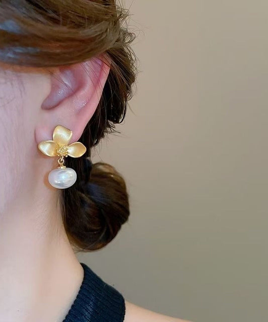 Earrings French Drop Copper Gold Floral Overgild Pearl FashionChic