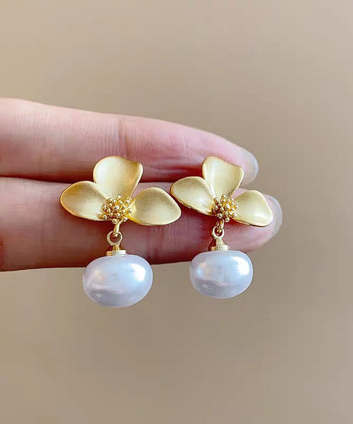Earrings French Drop Copper Gold Floral Overgild Pearl FashionChic