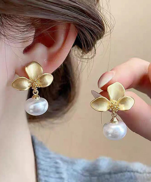 Earrings French Drop Copper Gold Floral Overgild Pearl FashionChic