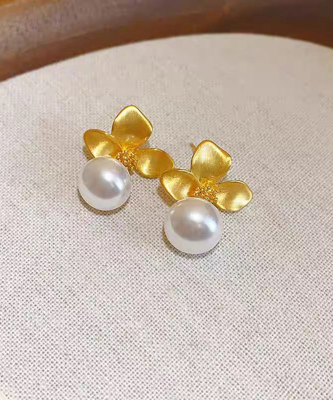 Earrings French Drop Copper Gold Floral Overgild Pearl FashionChic