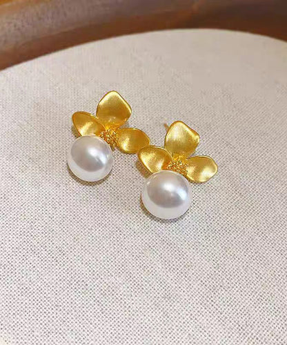 Earrings French Drop Copper Gold Floral Overgild Pearl FashionChic