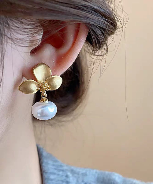 Earrings French Drop Copper Gold Floral Overgild Pearl FashionChic