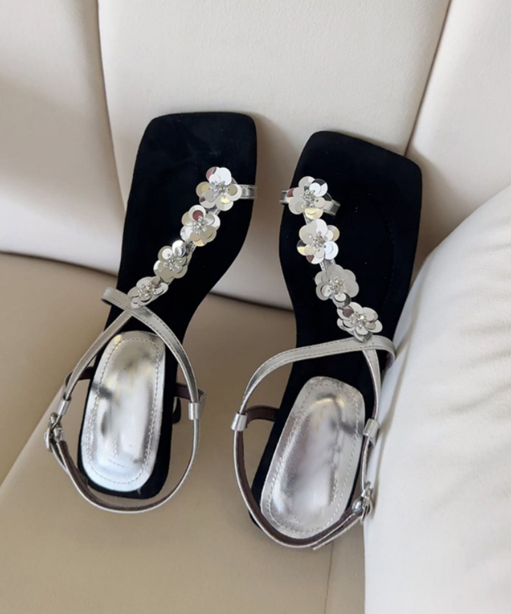 Wedge Sandals Leather Gold Faux French Heels Floral FashionChic