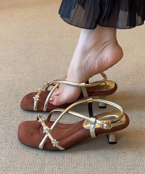 Zircon French High Flower Cross Strap Heel Toe Gold Square FashionChic